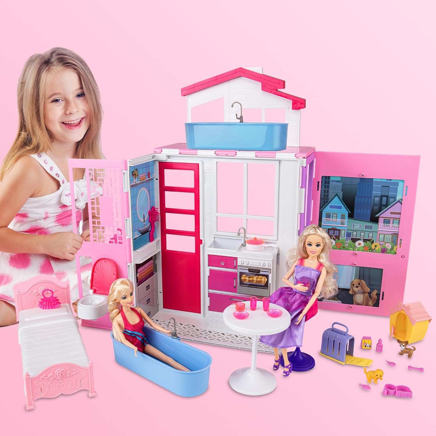 Dream Doll House for 12'' Dolls, 2-Story Portable Dollhouse W/Loft,Pets Rooms, 25+ Pcs Dollhouse Furnitures & Accessories, Space Saving Playhouse Birthday Xmas Toys Gifts for Girls 3 4 5 6 7 8+