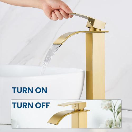 Airuida Brushed Gold Tall Waterfall Bathroom Vessel Sink Faucet Modern Bathroom Vanity Faucet Single Handle Single Hole Farmhouse Bar Mixer Tap Washbasin Faucet Deck Mount