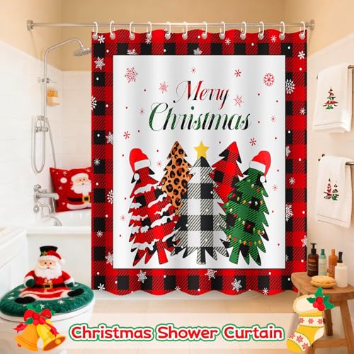 4Pcs Christmas Shower Curtain Set - Merry Christmas Bathroom Set Holiday Shower Curtain with Non-Slip Rugs, Toilet Lid Cover and Bath Mat