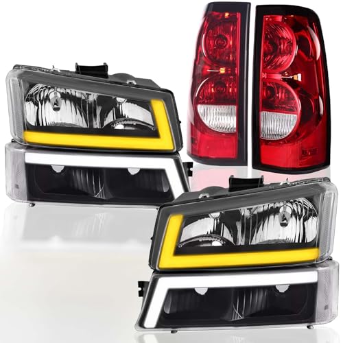 Headlights Assembly w/LED DRL compatible with 2003-2006 Chevy Silverado 1500 2500 3500, 03-06 Avalanche (No Cladding only), Headlamp w/Sequential Tun Signal