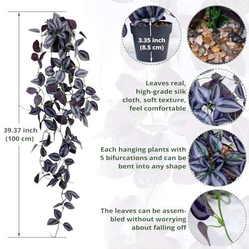 2Pcs Small Fake Hanging Plant, 37.7 in Artificial Potted Plant Faux Ivy Vine Plant Hanging Plant Pothos for Shelf Home Office Indoor Outdoor Garden Greenery Decor (Black Pot)