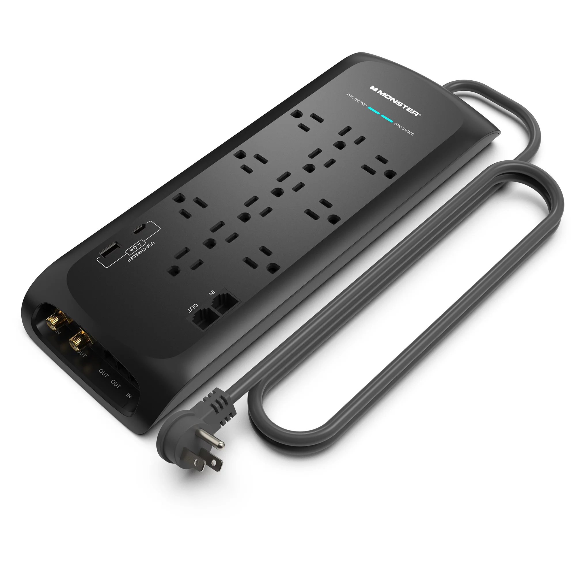 Monster 6ft Black Power Strip and Tower Surge Protector, Heavy Duty Protection with 4050 Joule Rating, 12 120V-Outlets, 1 USB-A, and1 USB-C Ports - Ideal for Computers, Home Theatre, Home Appliances,