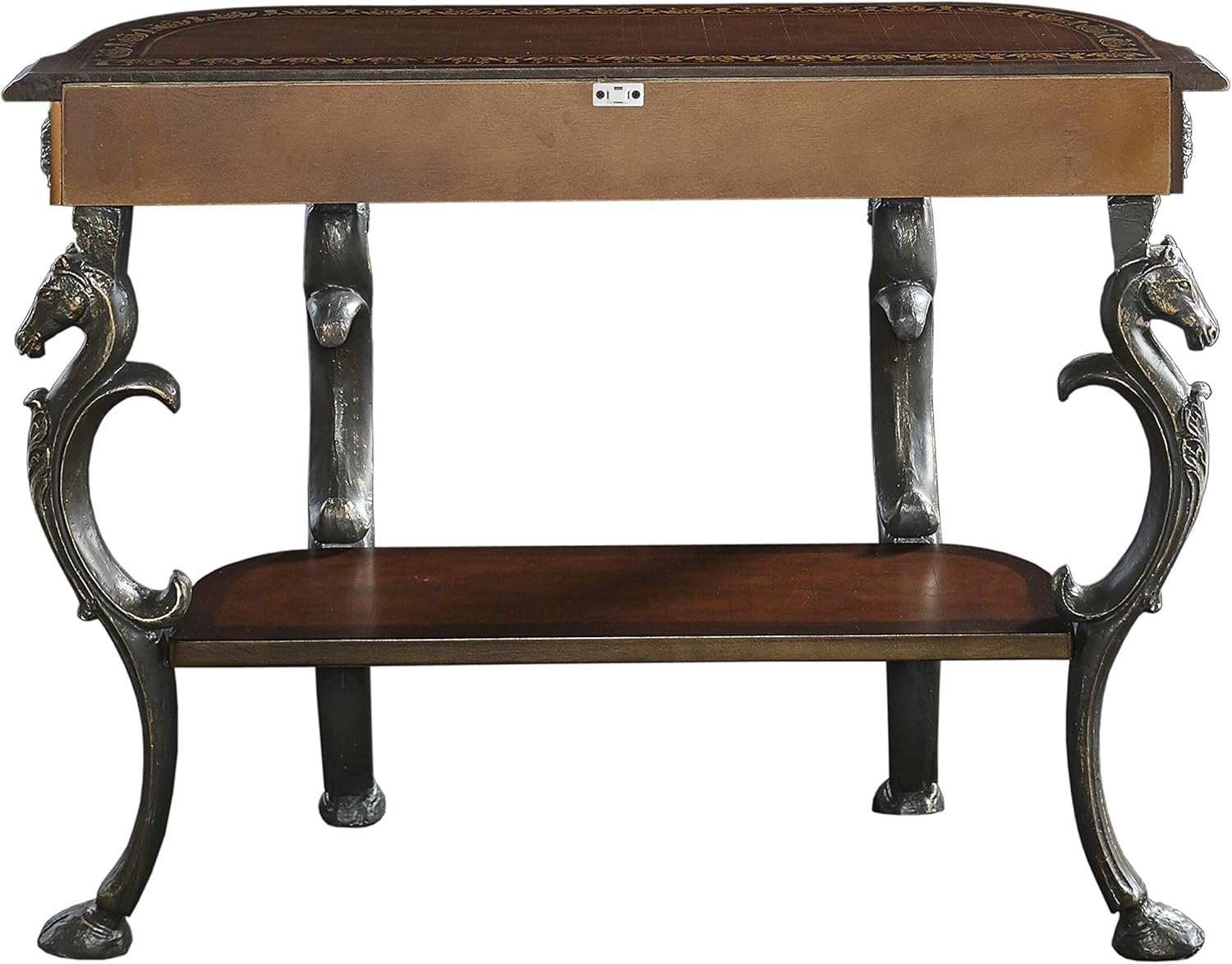 Powell Masterpiece Floral Demilune Console Table with Horse Head and Hoofed-Foot Cast Legs and Display Shelf