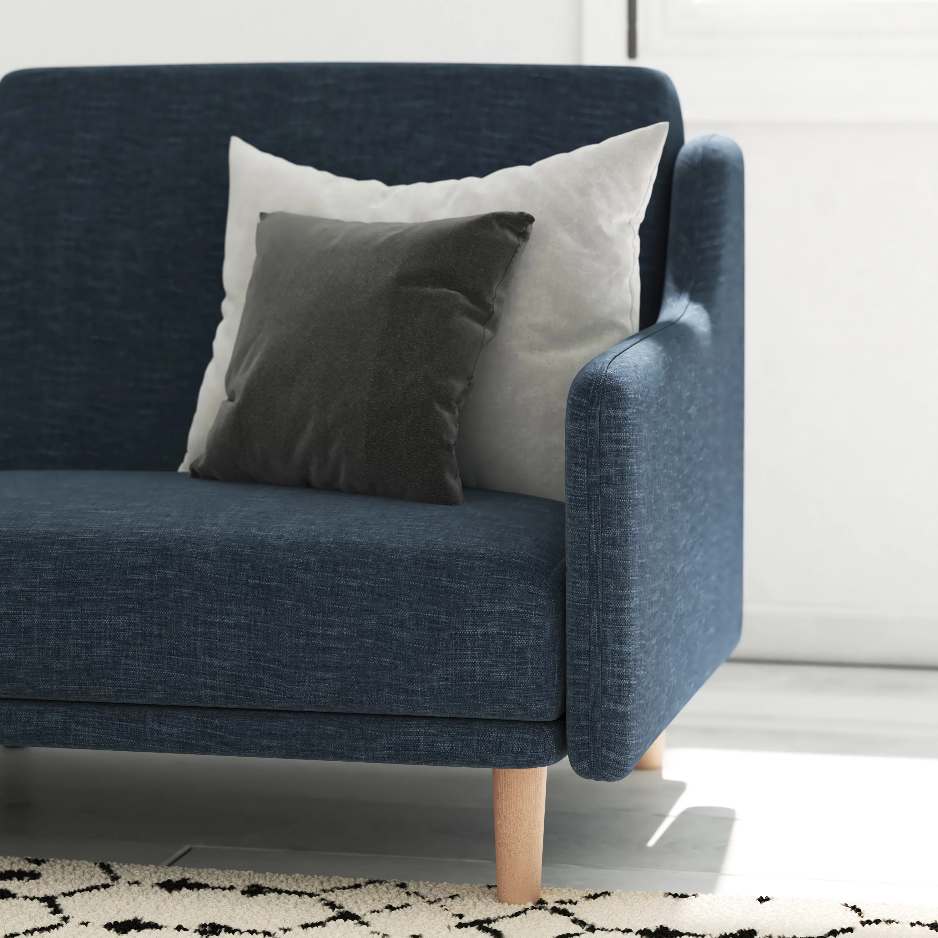 Emma + Oliver Plush Padded Faux Linen Upholstered Split Back Sofa Futon with Smooth Curved Removable Arms and Wooden Legs in Navy