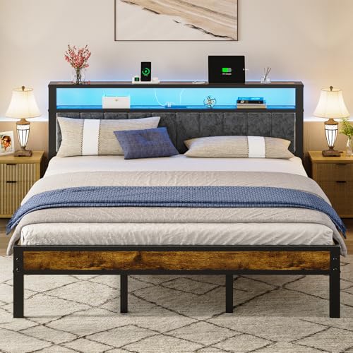 Queen Size Bed Frame with 2-Tier Storage Shelves Headboard, Platform Bed with Charging Station, LED Lights No Box Spring Needed Noise Free