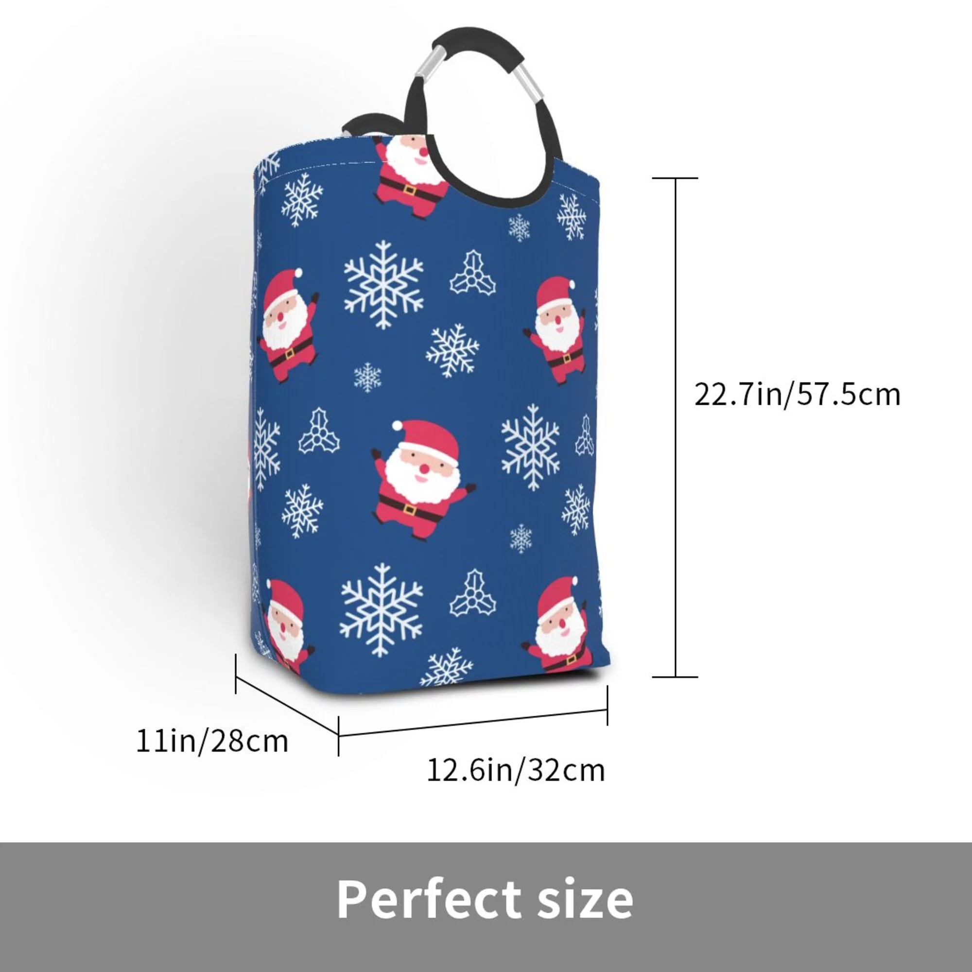 TEQUAN 50L Large Rectangular Laundry Hamper with Aluminum Handles, Santa Claus Snowflake Prints Waterproof Foldable Dirty Clothes Basket