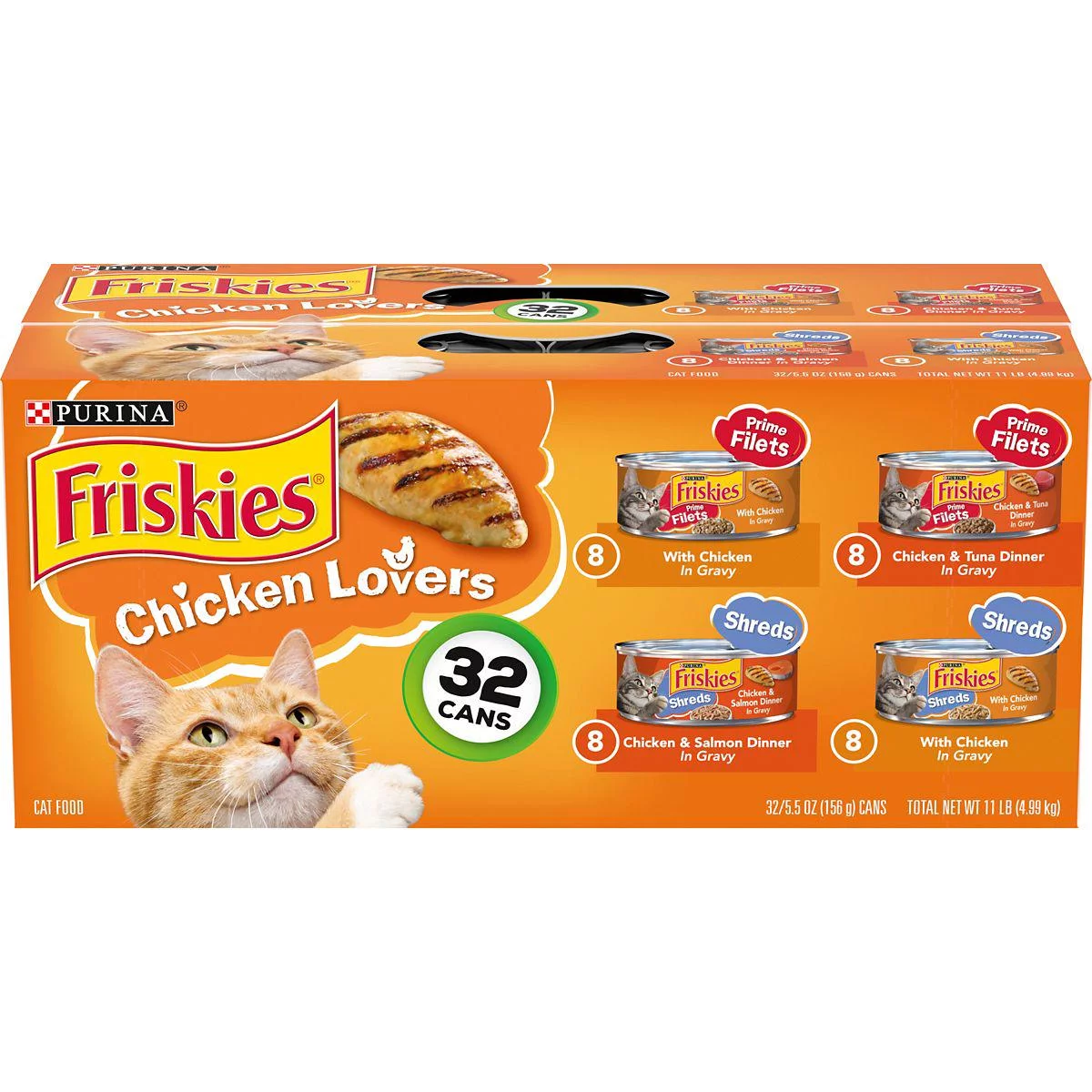 Friskies Chicken Lover's Prime Filets Adult Chicken, Tuna and Salmon in Gravy Wet Cat Food Variety Pack, 5.5 oz. Can, Pack of 32
