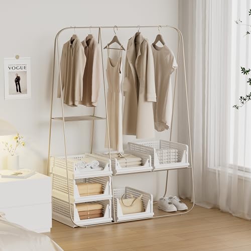 Stackable Plastic Storage Basket Closet Organizer Bin Foldable Clothes Organizer Storage Drawer Shelf Container for Living Room Bathroom Kitchen Office