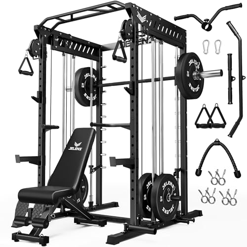 M21 Smith Machine, Multi-Function Power Cage with Dual Pulley Cable Crossover System, 2000LBS All-in-One Squat Rack with Smith Bar and Attachments