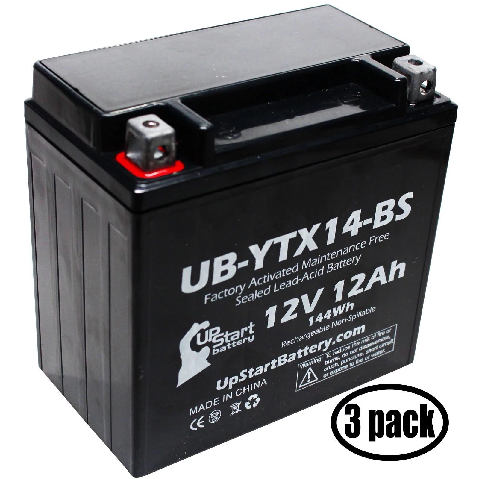 3-Pack UpStart Battery Replacement for 1993 Yamaha FZR1000 1000 CC Factory Activated, Maintenance Free, Motorcycle Battery - 12V, 12AH, UB-YTX14-BS