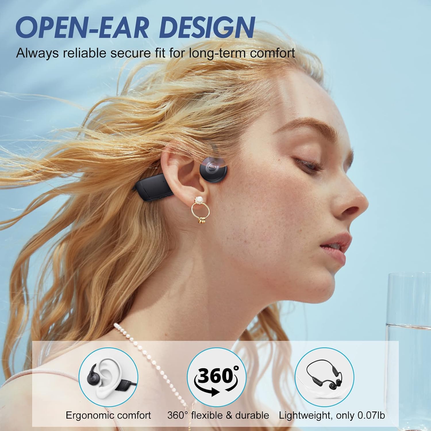 Bone Conduction Headphones, QODISA Wireless Open Ear Headphones Bluetooth 5.3 with MIC, IPX7 Waterproof Workout Headphones Music Answer Phone Call for Running Cycling Driving