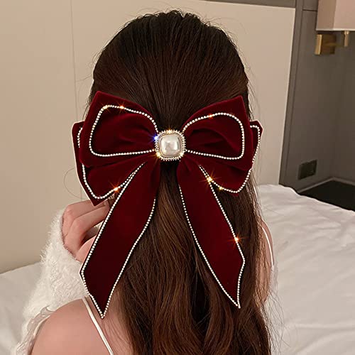Jumwrit Big Hair Bow Rhinestone Pearl Hair Barrette Clip Vintage Velvet Hair Bowknot with Long Tail Strong Hold Solid Color Hair Bow Clip Fashion Hair Accessories for Women Girls(Red)