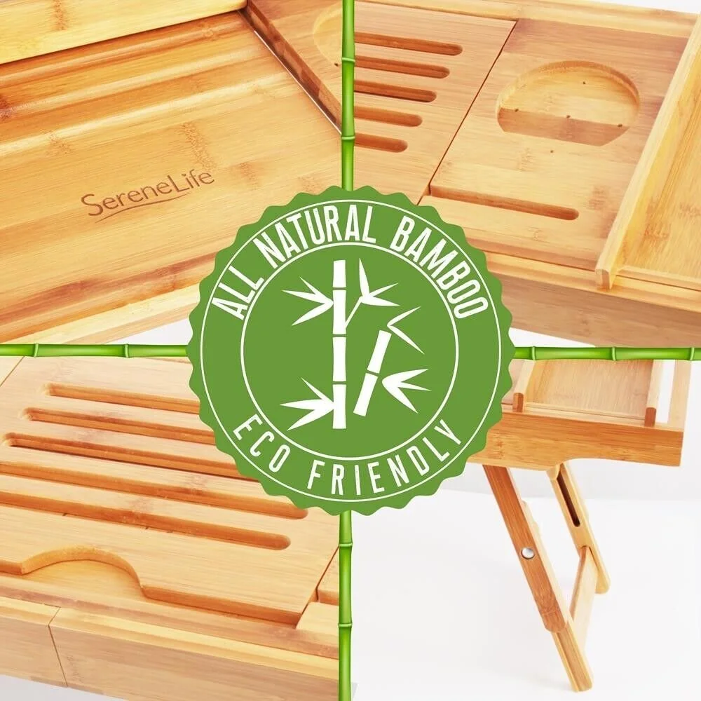 Natural Bamboo Bathtub Caddy - Shower Tub Caddy Tray with Adjustable Length