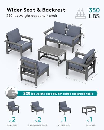 SERWALL HDPE Patio Conversation Set, 6-Piece Sectional Outdoor Furniture Set, All Weather Outdoor Couch Set Patio Furniture Set for Deck, Lawn, Black Frame with Khaki Cushion