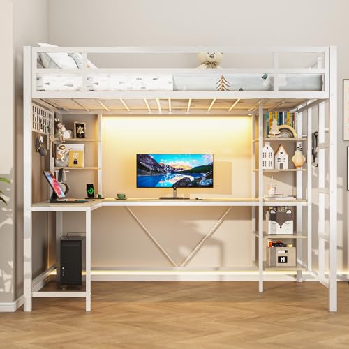 MSmask Loft Bed Twin Size with L Shaped Desk, LED Lights, Charging Station, Heavy Duty Metal Loft Bed Frame with 6 Storage Shelves, Safety Guard & Ladder, No Box Spring Needed, No Noise, Black