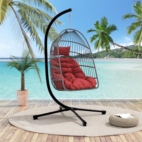 Foldable Hanging Egg Chair with Stand, HDPE Rattan and Heavy Duty Aluminum-Steel Frame, Outdoor Patio Wicker Swing Egg Chair with Headrest and Cushioned, 350 Lbs Capacity (Beige)