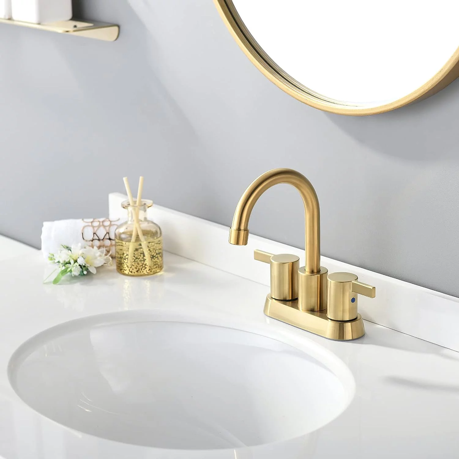 Zovajonia Brushed Gold 4 Inch 2 Handle Centerset Lead-Free Bathroom Faucet, Swivel Spout with Copper Pop Up Drain and 2 Water Supply Lines