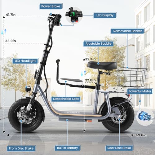 Caroma Peak 500W/800W/1200W Electric Scooter with Seat, 30 Miles Max Range Electric Scooter Adults&Teens, 48V Large Battery, 20MPH Top Speed Foldable Ebike, Adjustable E-Bike with Basket&Kid Seat