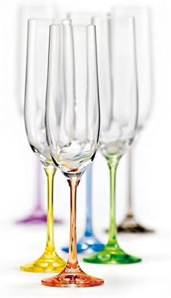 Bohemian Crystal Rainbow Set Of 6 Champagne Flutes Crystal Glasses 6.5 Oz Each Stem Different Color Czech Republic - LEAD By