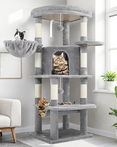 Globlazer Corner Cat Tree for Large Cats, 66inch Tall Curved Series Large Cat Tower for Multiple Indoor Cats with 6 Scratching Posts, 2 Spacious Cat Condos, Hammock, Hanging Basket, C66, Beige