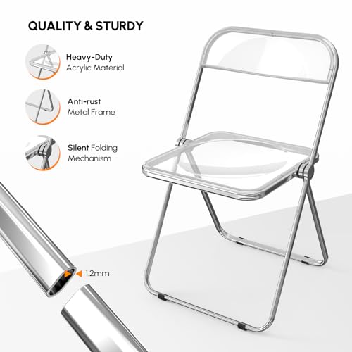 VINGLI Acrylic Folding Chairs 2 Pack, Clear Chair Foldable and Stackable, Plastic Panel & Metal Chrome Frame, Weight Capacity 350 lbs, Transparent