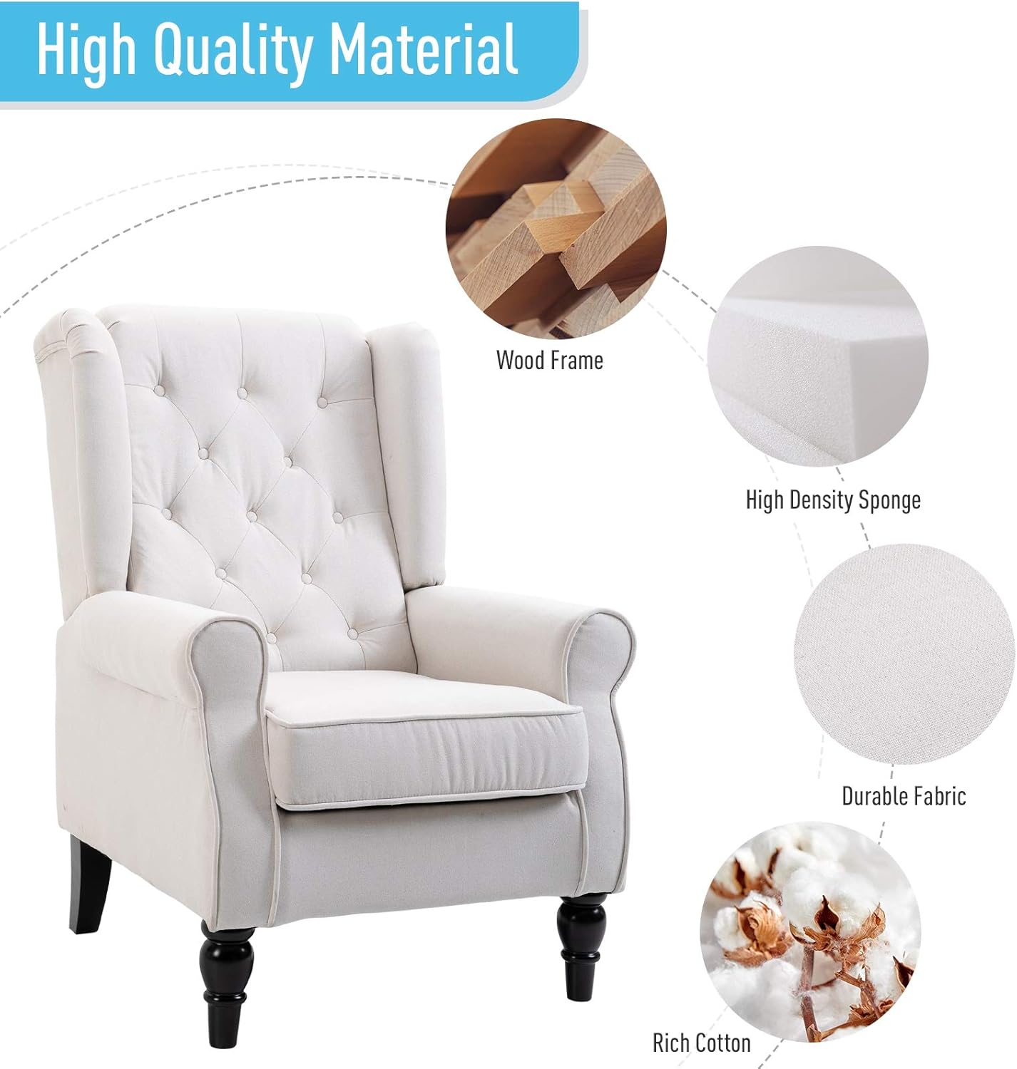 HOMCOM Button-Tufted Accent Chair with High Wingback, Rounded Cushioned Armrests and Thick Padded Seat, Set of 2, Cream White