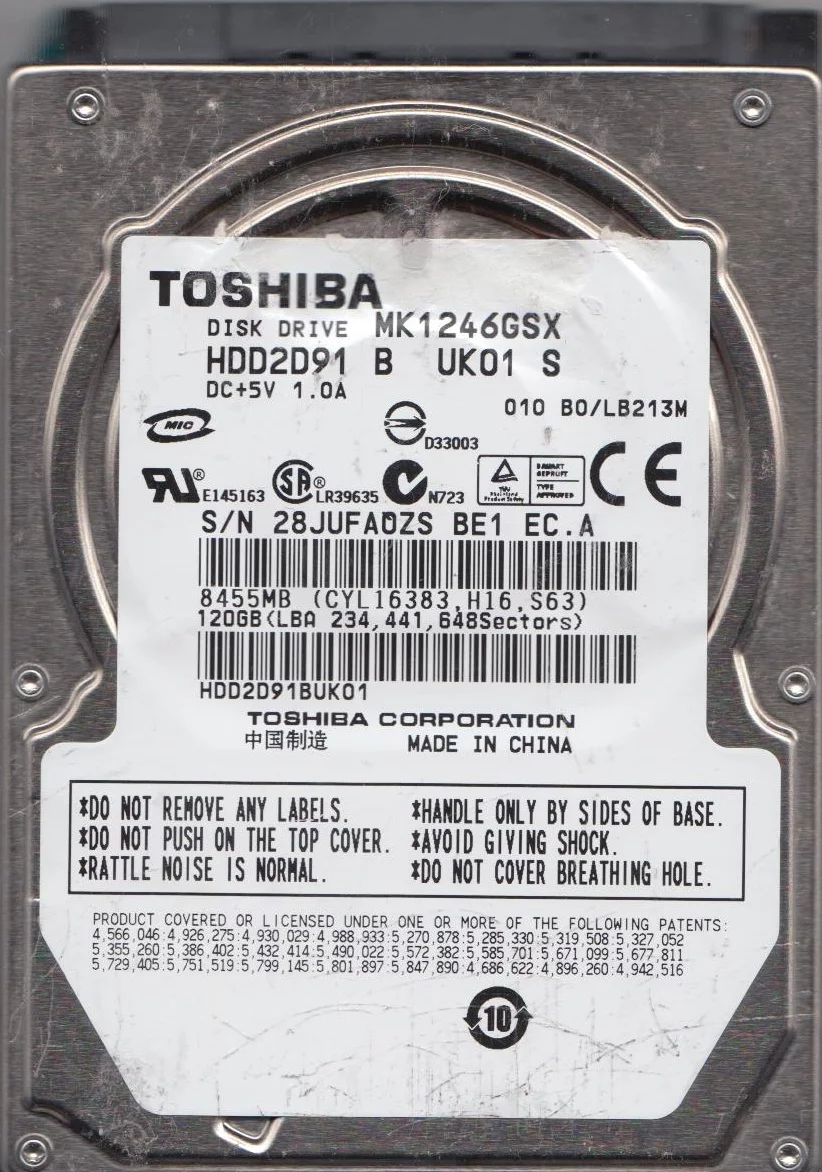 MK1246GSX, B0/LB213M, HDD2D91 B UK01 S, Toshiba 120GB SATA 2.5 Hard Drive