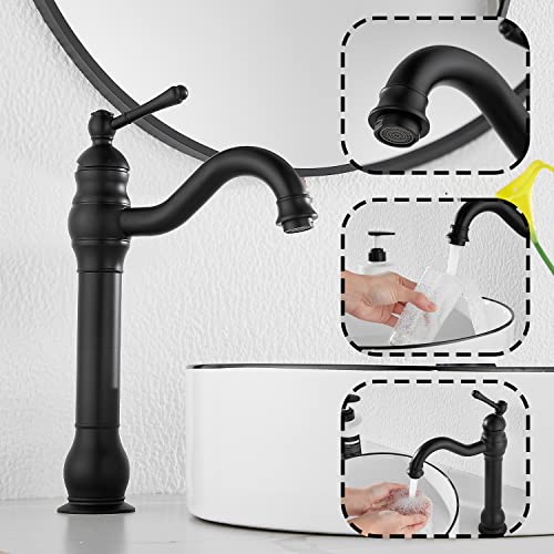 GGStudy 360° Swivel Antique Brass Bathroom Vessel Sink Faucet Single Handle One Hole Matching with Pop Up Drain