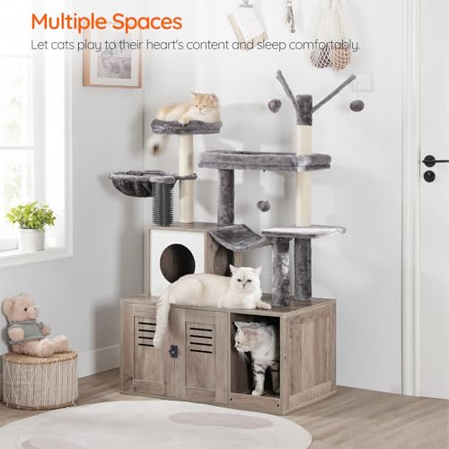 HOOBRO Large Hidden Litter Box, Cat Tree with 30.7'' Long Litter Box Enclosure, Modern Cat Tower, Cat Condos with Scratching Posts, Rubbing Post, Hammock and Teaser Sticks, Greige BG28MZ03G1