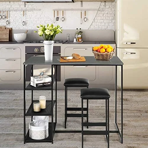 KHBIULIFE 3-Piece Dining Set  Compact 2 Chairs and Table Set  Kitchen Set with Rectangular Faux Marble  3 Metal  Shelves  Fashionable Simple Style  Kitchen Counter Height Table Set (Black