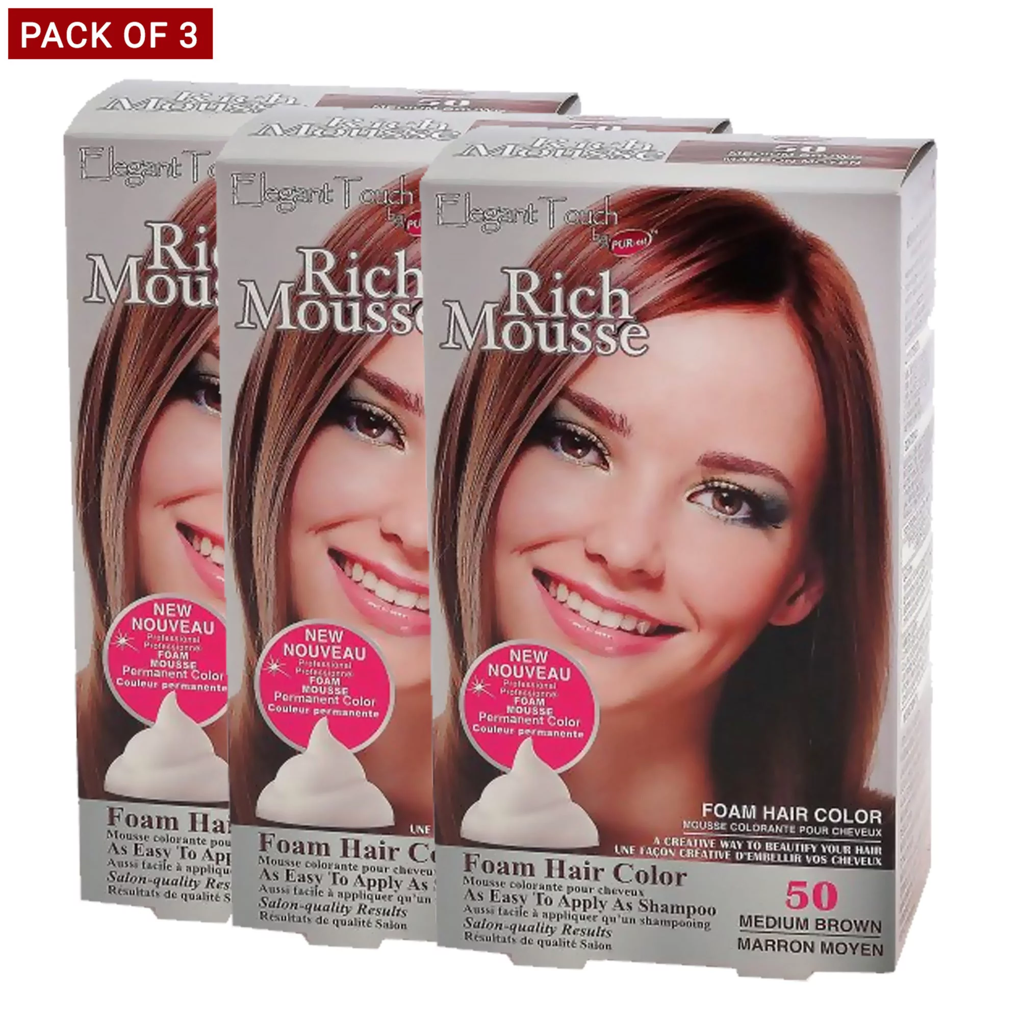 Pur-Est Rich Mousse Foam Hair Color, Medium Brown #50, 0.18kg - Pack of 3