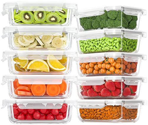 Bayco 10 Pack Glass Meal Prep Containers, Glass Food Storage Containers with Lids, Airtight Glass Lunch Bento Boxes, BPA-Free & Leak Proof (10 lids & 10 Containers)