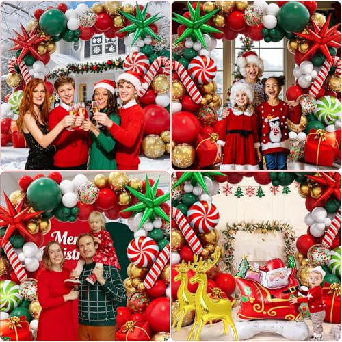 Christmas Balloon Garland Arch kit with Red White Green Gold Balloons, Confetti Balloons, Candy, Cane, Elk, Gift Box, Explosion-Star, Santa-Claus Sleigh Foil Balloons for Xmas Party Decorations