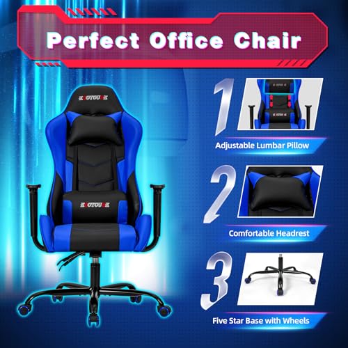 ECOTOUGE PC Massage Gaming Chair with Footrest Ergonomic Office Desk Chair Racing PU Leather Recliner Swivel Rocker with Headrest and Lumbar Pillow, Blue
