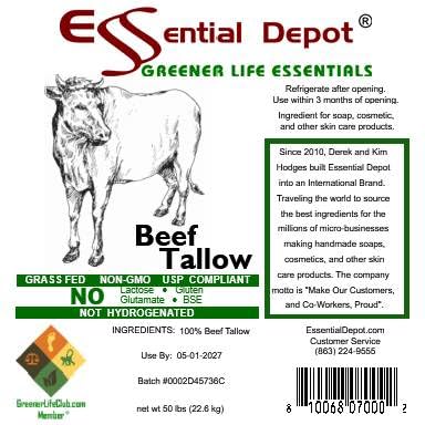Essential Depot Beef Tallow - 50 lbs - Grass Fed - Non-GMO - Free from Lactose-Gluten-Glutamate-BSE - Custom Food Grade Poly Bag Inside a Corrugated box