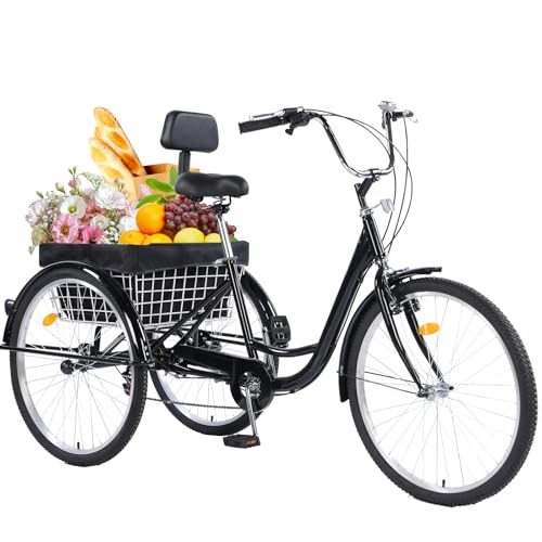 Adult Tricycle，24/26-Inch Adult Trikes, 3 Wheel Cruiser Bike with Large Basket & Adjustable Seat, Shopping Picnic Tricycles for Women, Men, Seniors