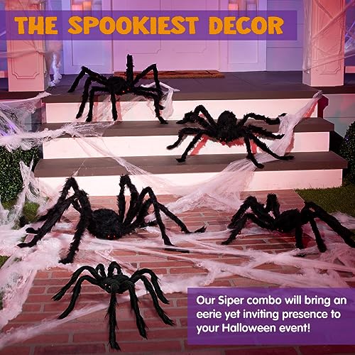 JOYIN 5 Packs Halloween Decorations Outdoor Giant Spiders, Large Black Hairy Spider Set with Different Size for Halloween Outside Decor, Lawn, Yard, Indoor Decor(35