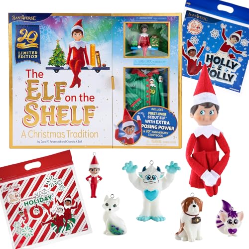 The Elf on the Shelf 20th Anniversary Bundle: Scout Elf, Elf Pajamas, Ornaments, Storybook and Exclusive Joy Bags