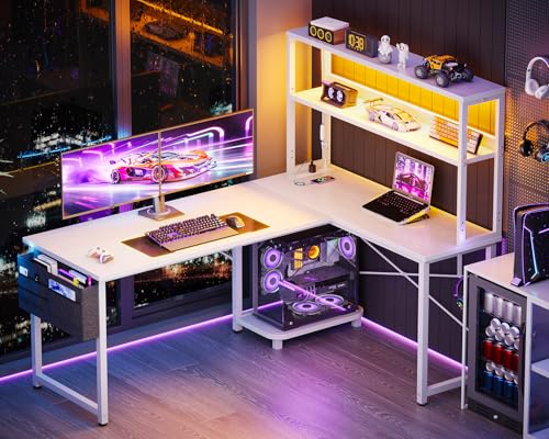 ODK 53 Inch L Shaped Desk with LED Lighting, Reversible Gaming Desk with Power Outlets, Cornor Computer Table with Storage Shelves & Bag & Iron Hook, Home Office Table for Writing, Study, Black