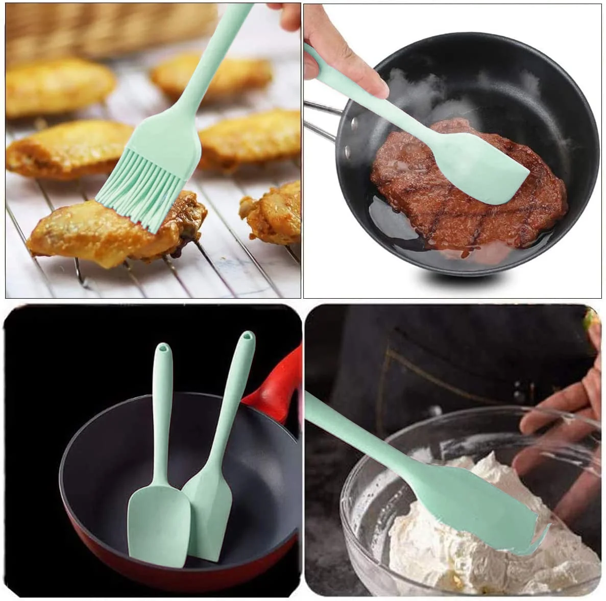 VIVAYO 12 Pieces Silicone Kitchen Utensils Set, Kitchen Cooking Spatula Sets with Holder for Cookware Heat Resistant Spoons, Turners,Tongs, Whisk, Basting Brush, Green