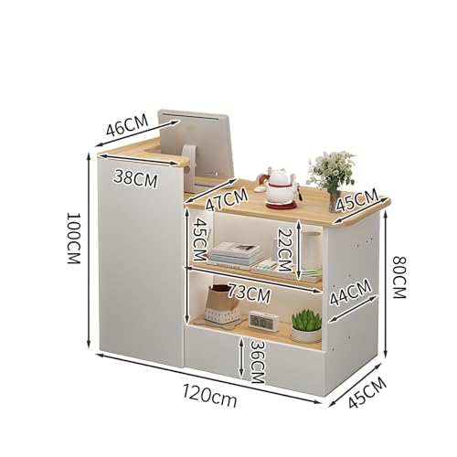 Front Desk Reception Counter, Retail Checkout, Modern Cashier Cabinet, Wooden Cashier Counter with Storage Space for Clothing Salon Shop Hotel(White+Grey+Right High)