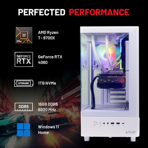 Skytech Gaming Azure 3 Desktop PC, Ryzen 7 9700X 3.8 GHz (5.5GHz), NVIDIA RTX 5060, 1TB NVMe SSD, 32GB DDR5 RAM 6000 RGB, 850W Gold ATX 3 PSU, 360mm ARGB AIO, Wi-Fi, Win 11