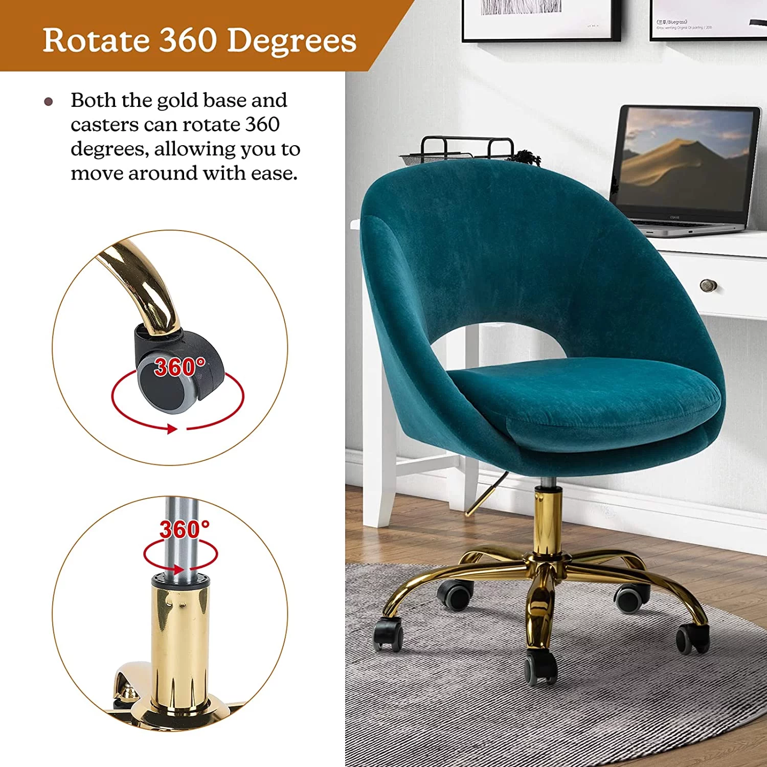 Modern Velvet Office Desk Chair Adjustable Swivel Upholstered Open Back Living Room Vanity Teal