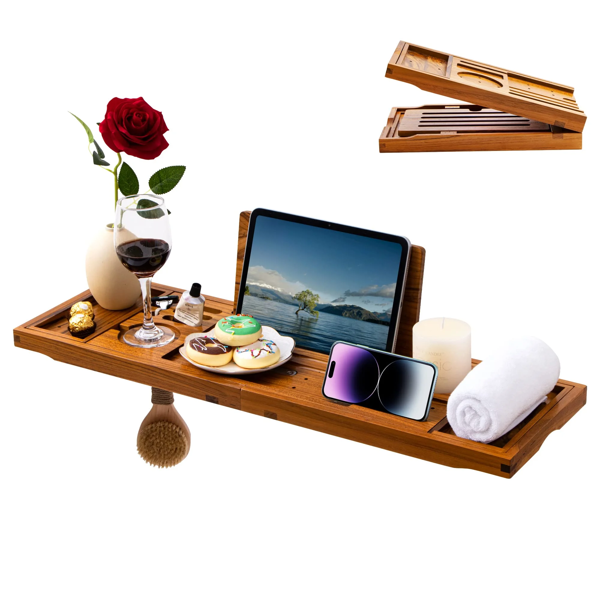 Teak Bathtub Tray Solid Wood Foldable Bathtub Caddy for Luxury Bath with Expandable Handles Wine Glass Phone Holder Book Stand,Natural
