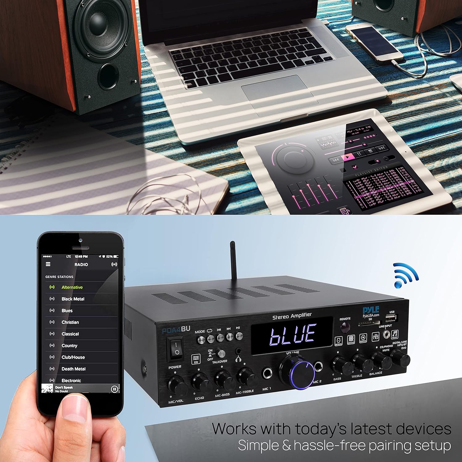 Wireless Bluetooth Home Stereo Amplifier-Multi-Channel 200 Watt Power Amplifier Home Audio Receiver System W/Optical/Phono/Coaxial, FM Radio, USB/SD, AUX, RCA, Mic in-Antenna, Remote-Pyle PDA4BU