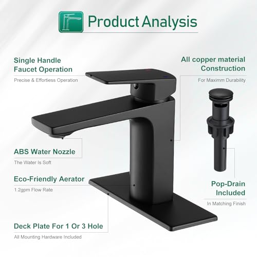 VOTON Vessel Sink Faucet Matte Black Tall Bathroom Faucet Single Handle Vanity Bathroom Sink Faucet 1 Hole Basin Mixer Tap with Water Supply Hose and Pop Up Sink Drain