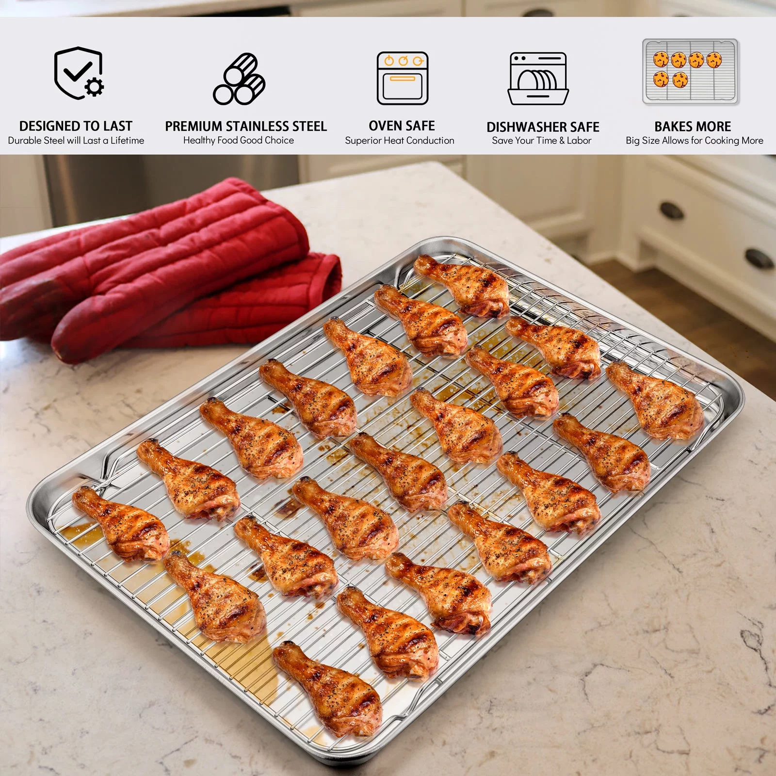 Vesteel Extra Large Baking Sheet and Rack Set of 4 ( 2 Pans + 2 Cooling Racks ), Stainless Steel Cookie Half Sheet Pan Rectangle - 20''x14''x1''