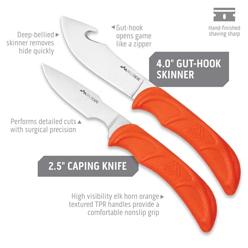 OUTDOOR EDGE WildBone, 4-Piece Hunting Knife Set, Field Dressing & Game Processing Knives - Gut-Hook Skinning & Boning/Fillet Knife, Carbine/Ceramic Sharpener, Camo Belt Scabbard - Deer & Elk