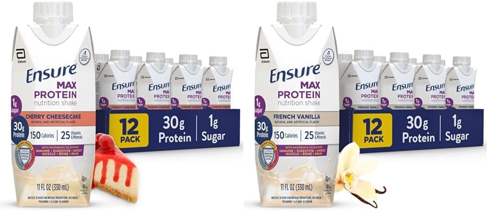 Ensure Max Protein Nutrition Shake with 30g Protein, 1g Sugar, High Protein Shake, Cherry Cheesecake & French Vanilla, 11 fl oz, Pack of 12