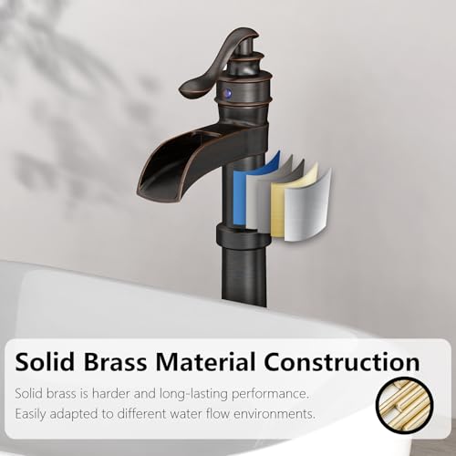 Vessel Sink Faucet, Oil Rubbed Bronze Black Bathroom Faucet, Farmhouse Waterfall Sink Faucet Single Hole with Pop Up Drain Assembly Without Overflow One Hole Mixer Tap Deck Mount